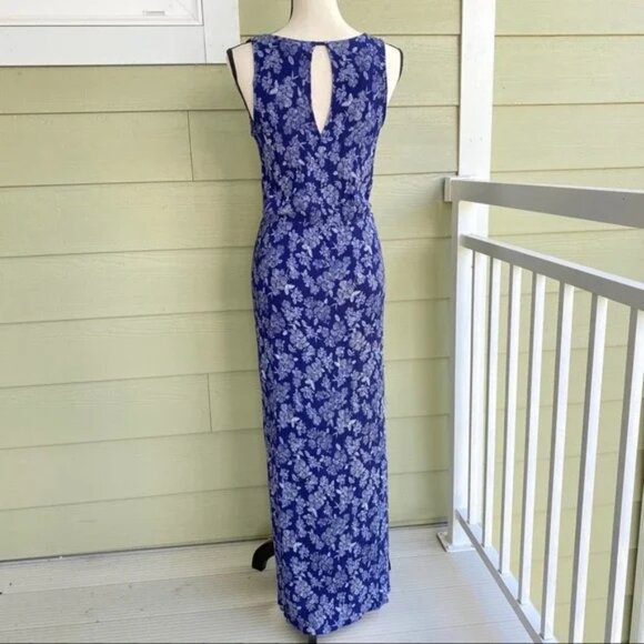 Aqua Blue White Floral Textured Maxi Slit Dress Sleeveless V-Neck - Picture 2 of 4